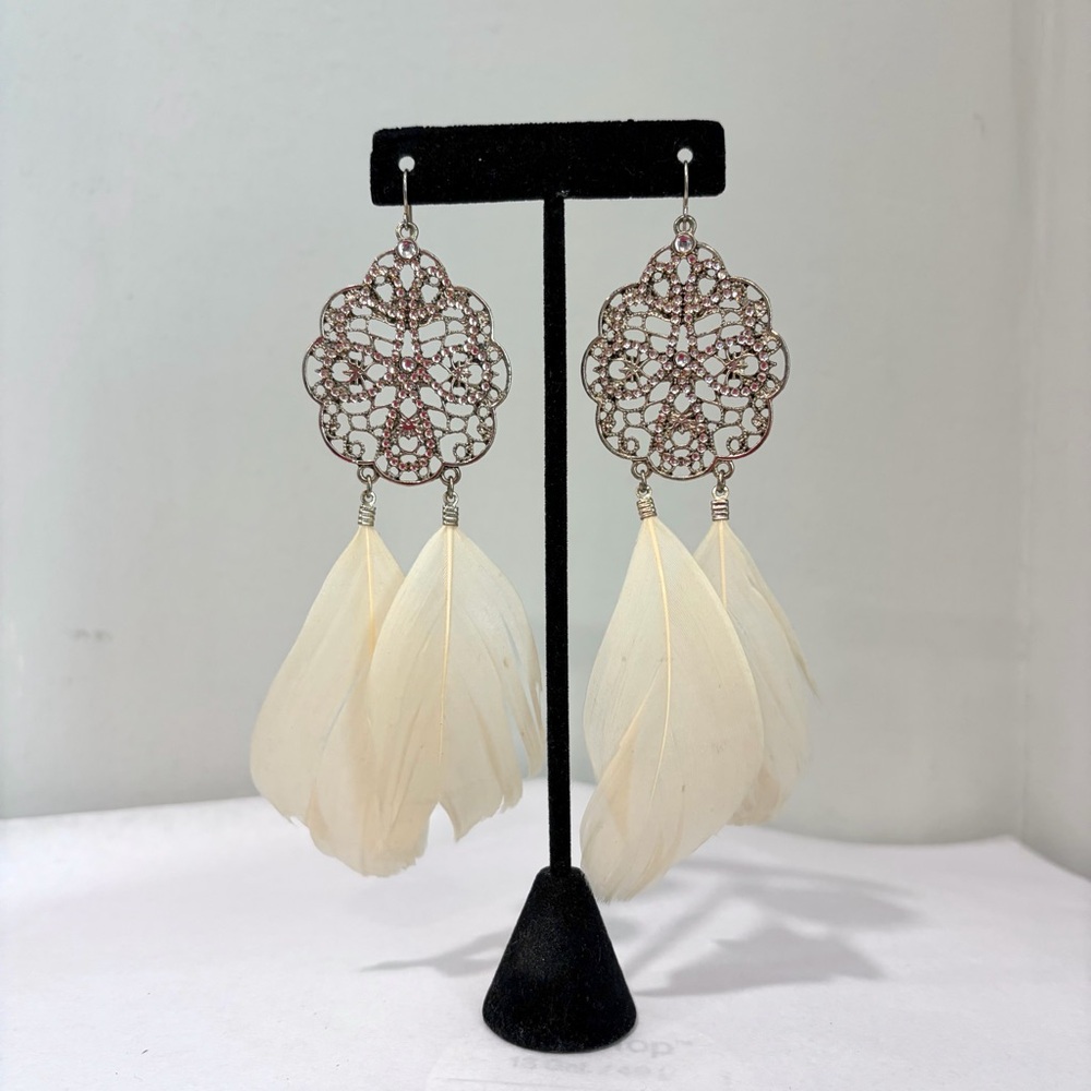 Forever21 Abstract Crystal Studded Feather Drop Earrings